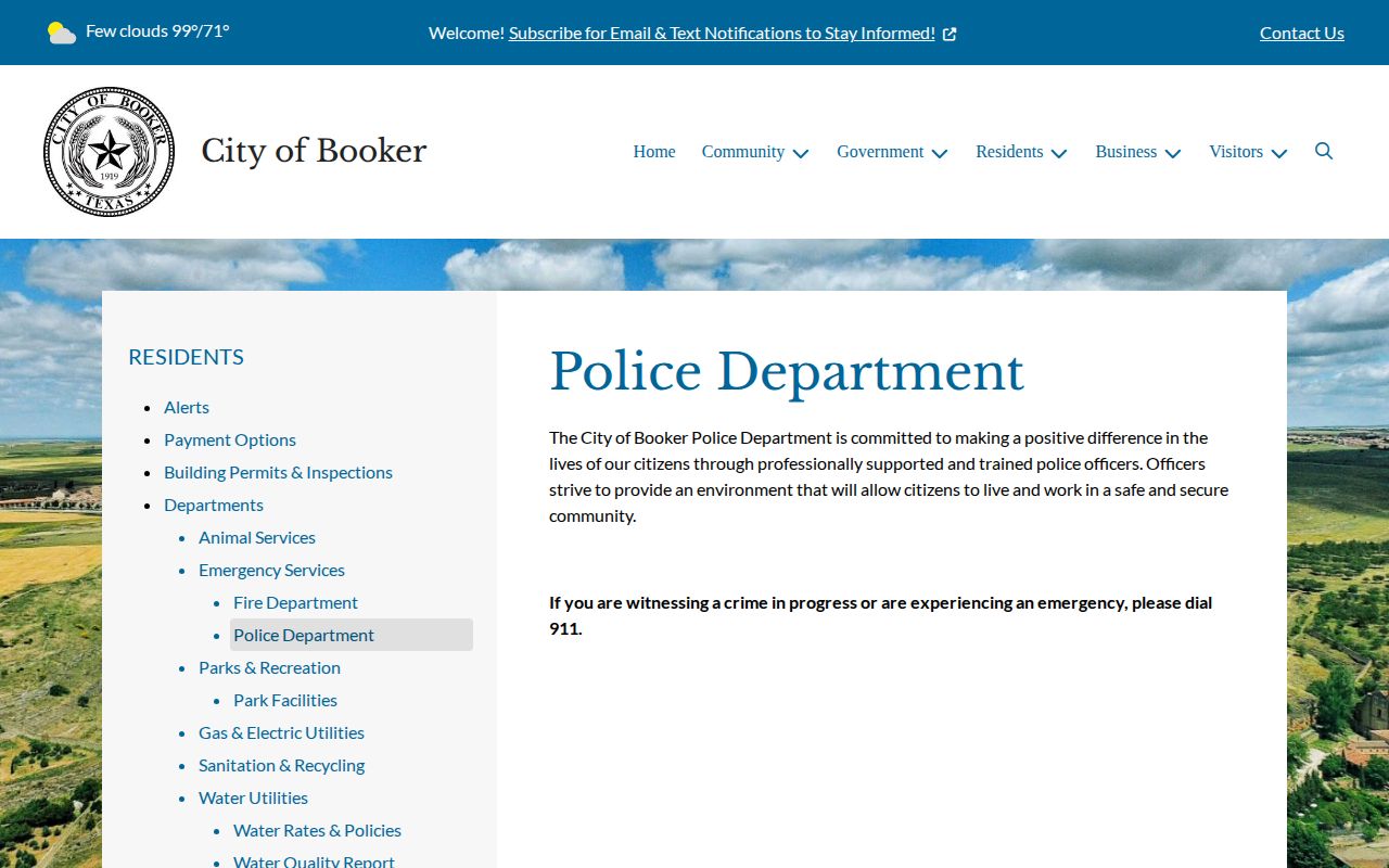 Booker Police Department official contact page for arrest-record requests