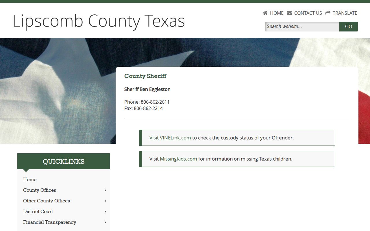Lipscomb County booking and custody-status source on the sheriff page